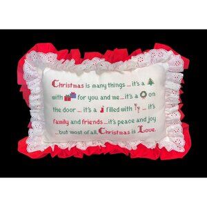 Vtg Christmas Pillow With Embroidered Quote Ruffle Trim 17"x12"